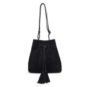 Mona Luxe April Hobo Black suede bucket bag with tassel detail